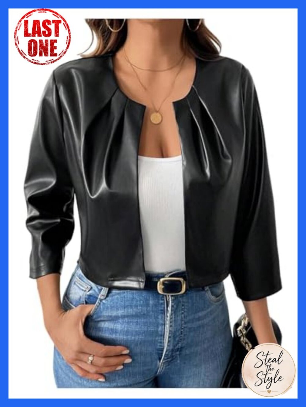 Women's Plus Size Cropped Faux Leather Jacket with 3/4 Sleeves